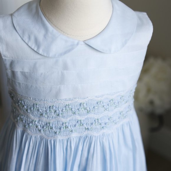 Strasburg Blue Smocked Dress Hand-Embroidered Spring Summer Vacation PERFECT - Picture 6 of 9